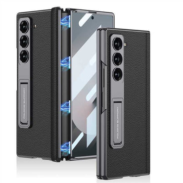 Leather Electroplated Back Cover with Front Glass & Magnetic Hinge Cover & Kickstand for Samsung Galaxy Z Fold6