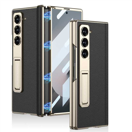 Leather Electroplated Back Cover with Front Glass & Magnetic Hinge Cover & Kickstand for Samsung Galaxy Z Fold6